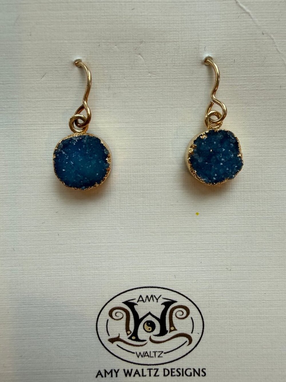Blue Druzy Gold Tone Drop Earrings